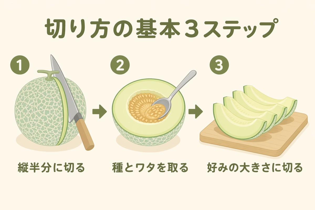 メロンの切り方3ステップ 縦半分に切る・種とワタを取る・好みの大きさに切る
