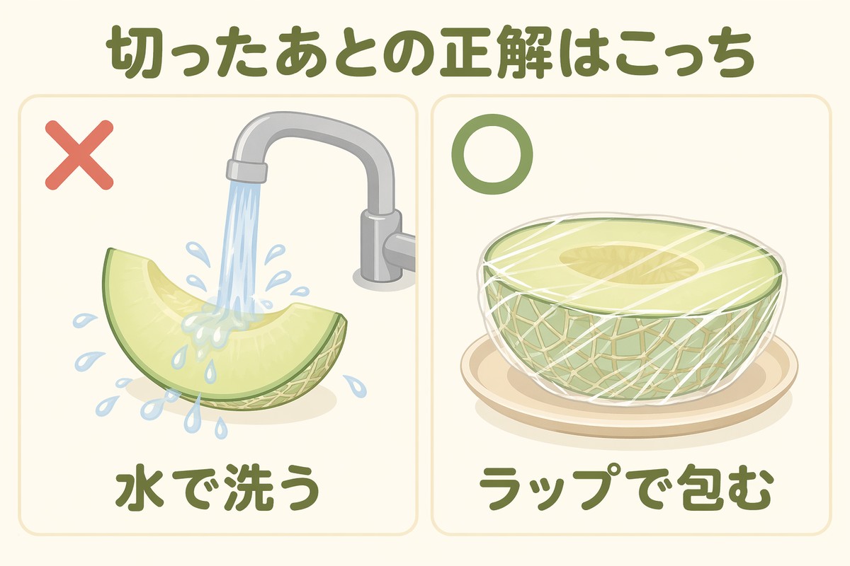 切ったメロンの正解 水で洗うのはNG、ラップで包むのが正解