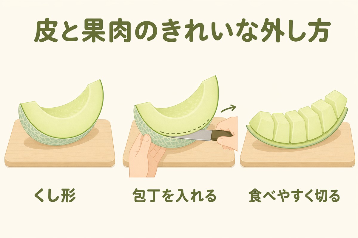 メロンの皮と果肉をきれいに外す方法 くし形にして包丁を入れ食べやすく切る