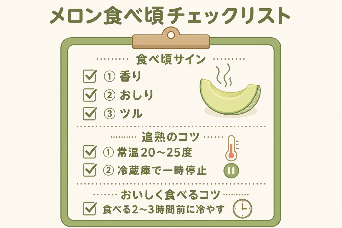 メロン食べ頃チェックリスト 食べ頃サイン3つと追熟のコツ3つ