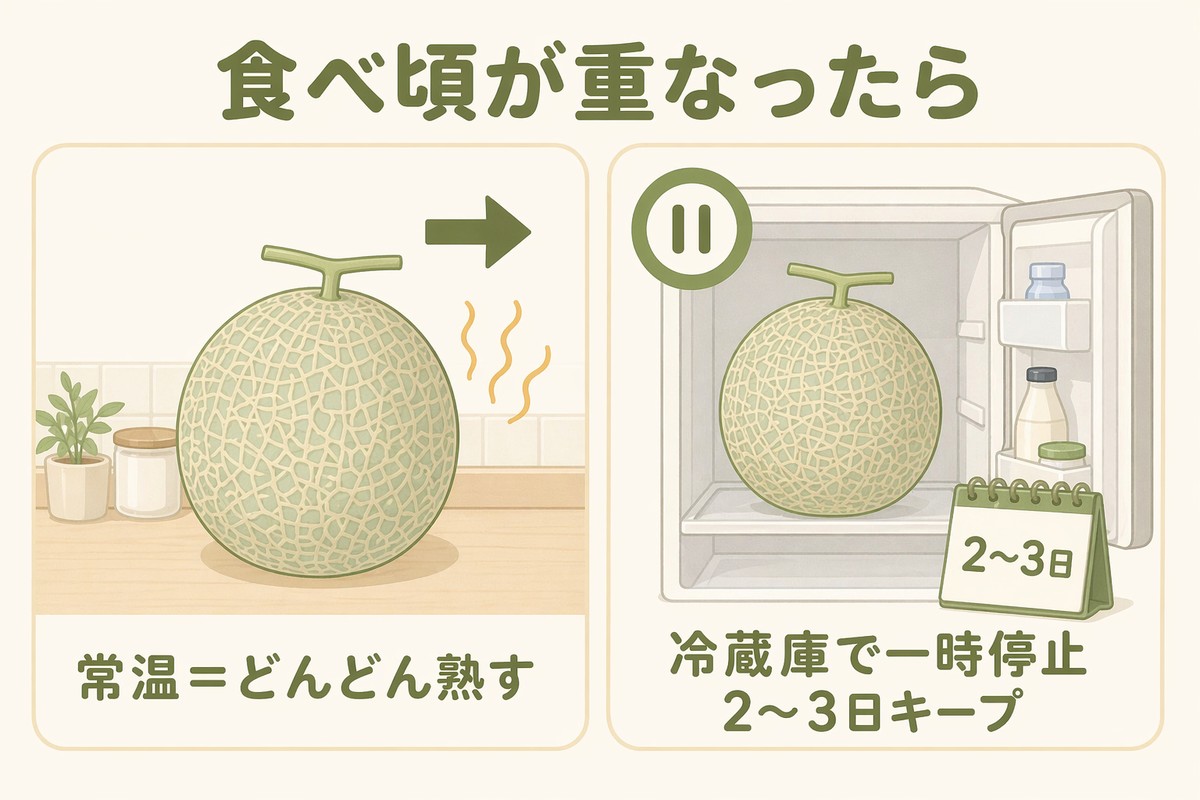 メロンの食べ頃が重なったら 常温でどんどん熟す 冷蔵庫で一時停止2〜3日キープ