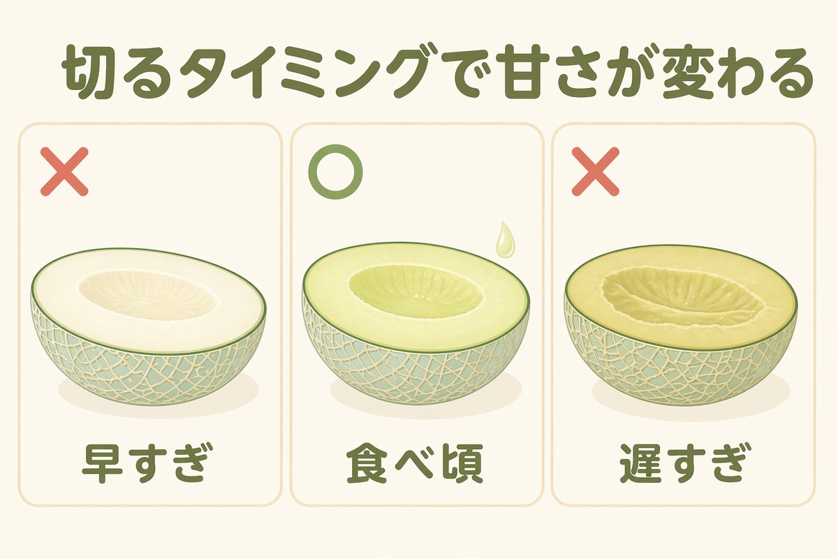 メロンの切るタイミング 早すぎ・食べ頃・遅すぎの3パターン比較