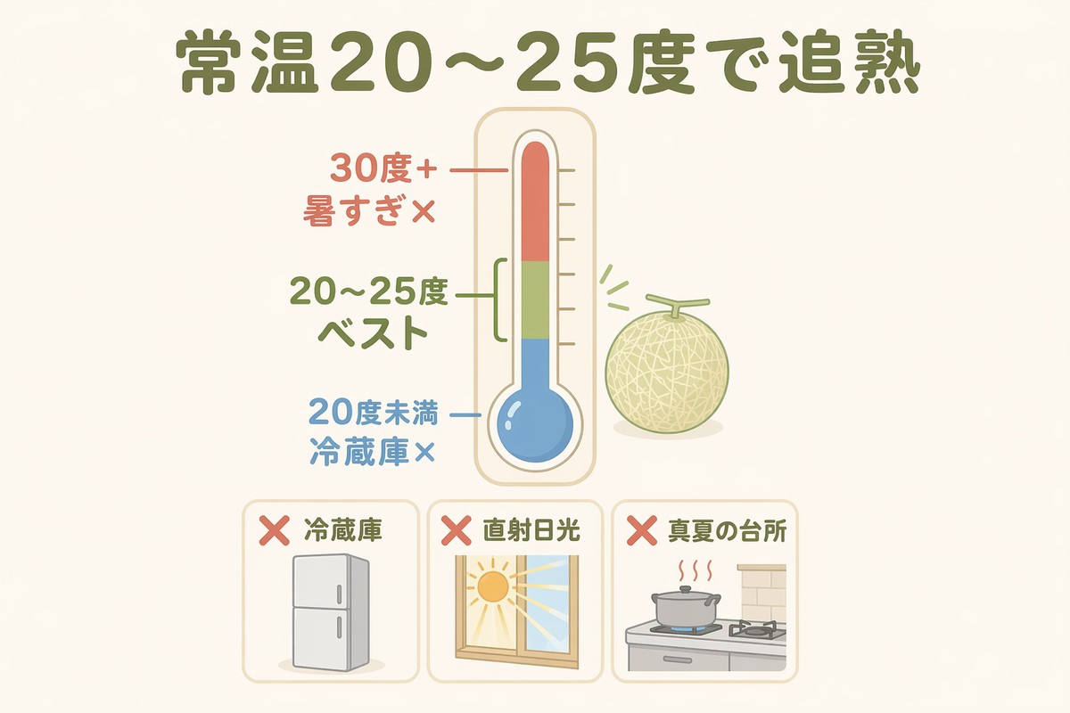 メロンの追熟は常温20〜25度がベスト 冷蔵庫・直射日光・真夏の台所はNG