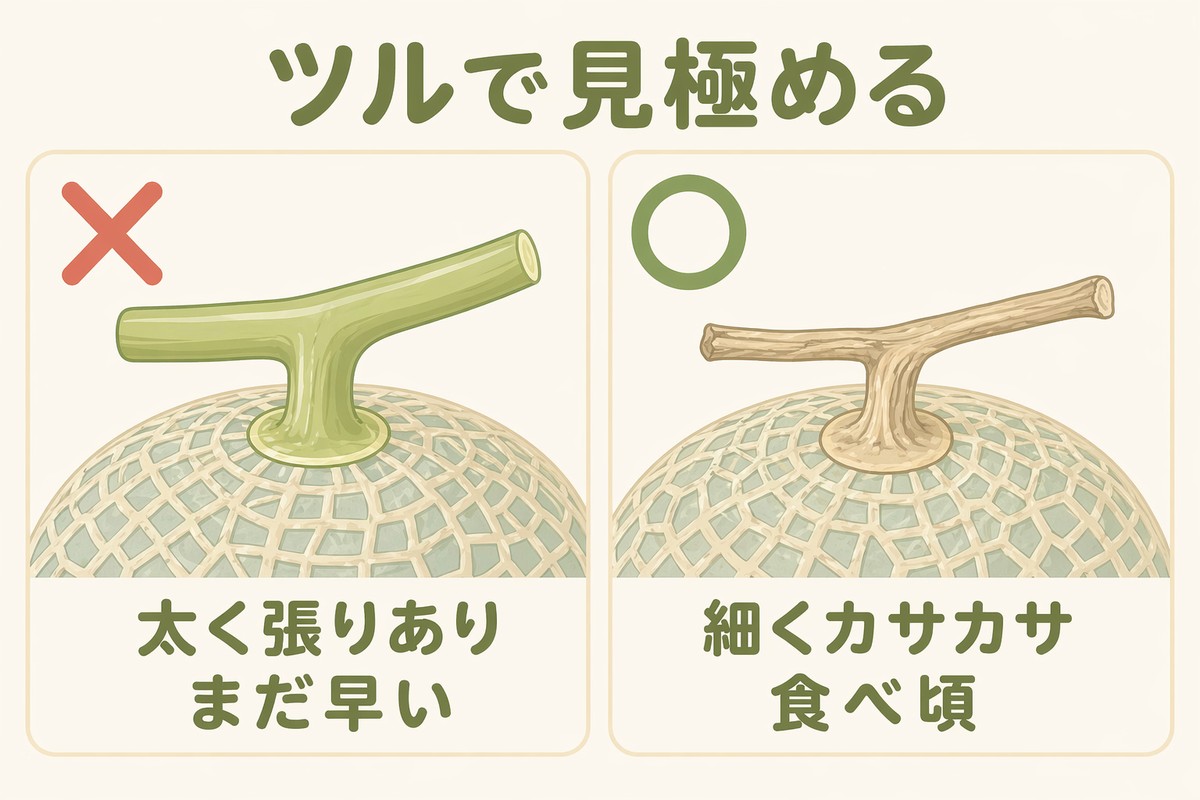 メロンのツル 太く張りありはまだ早い・細くカサカサが食べ頃