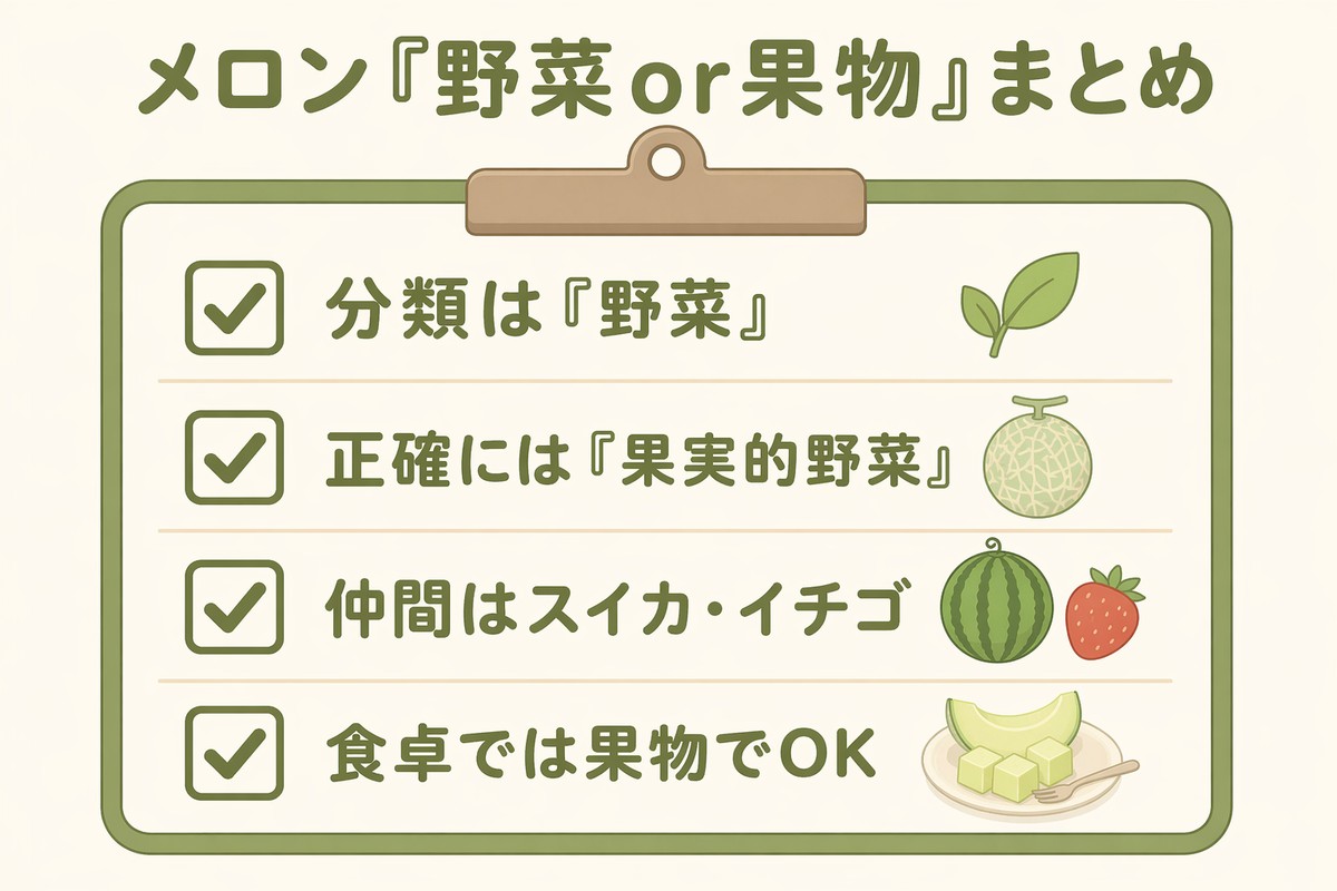 メロン野菜or果物まとめチェックリスト 分類は野菜・果実的野菜・仲間スイカイチゴ・食卓では果物でOK