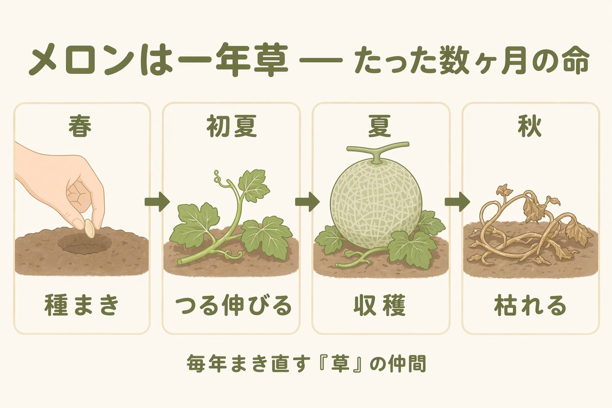 メロンは一年草 春種まき→初夏つる伸びる→夏収穫→秋枯れる