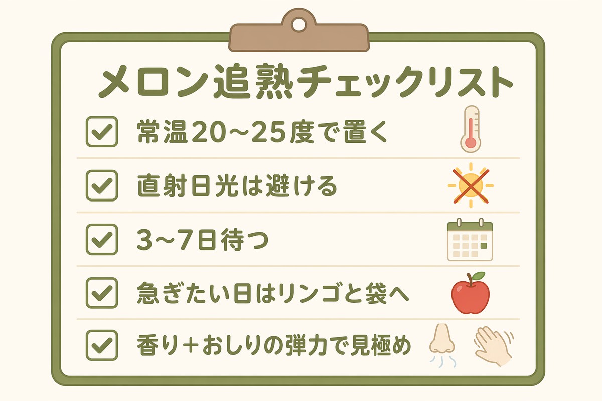 メロン追熟チェックリスト 常温20〜25度・直射日光NG・3〜7日・急ぎはリンゴと袋・香り＋おしりの弾力で見極め