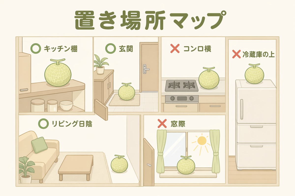 置き場所マップ ○キッチン棚・玄関・リビング日陰 ×窓際・コンロ横・冷蔵庫の上