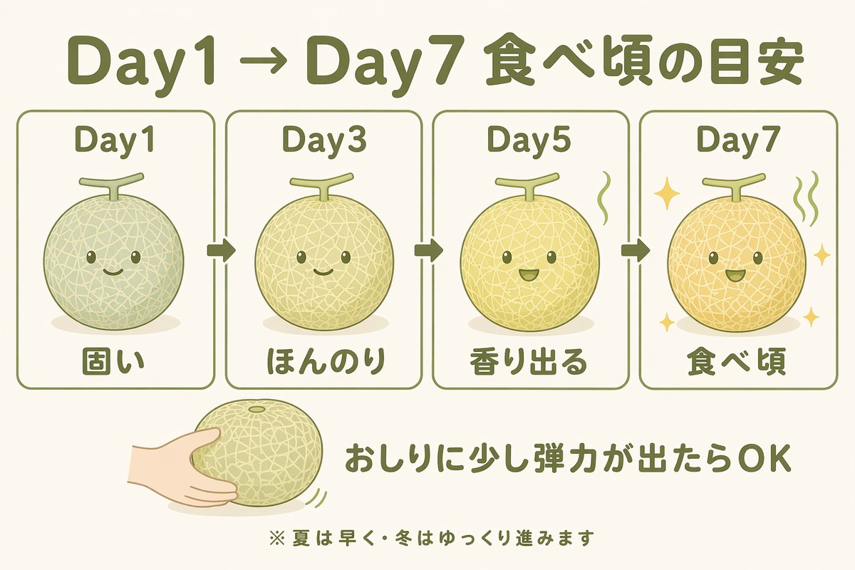 Day1→Day7食べ頃の目安 固い→ほんのり→香り出る→食べ頃 おしりに弾力が出たらOK