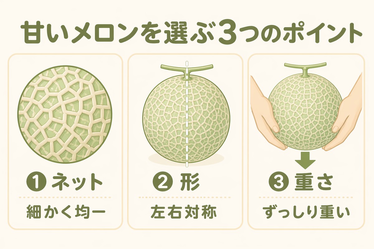 甘いメロンを選ぶ3つのポイント ①ネット細かく均一 ②形左右対称 ③重さずっしり