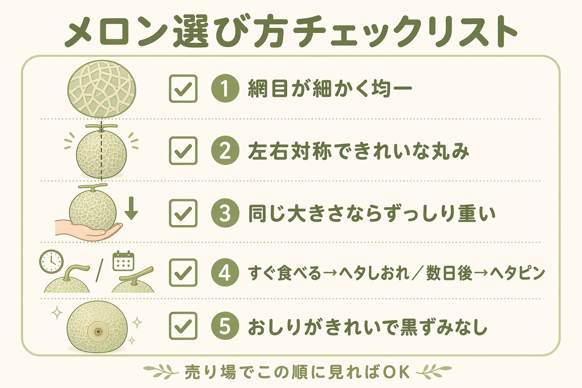 メロン選び方チェックリスト ①網目細かく均一 ②左右対称 ③ずっしり重い ④時期でヘタ選び分け ⑤おしりきれい