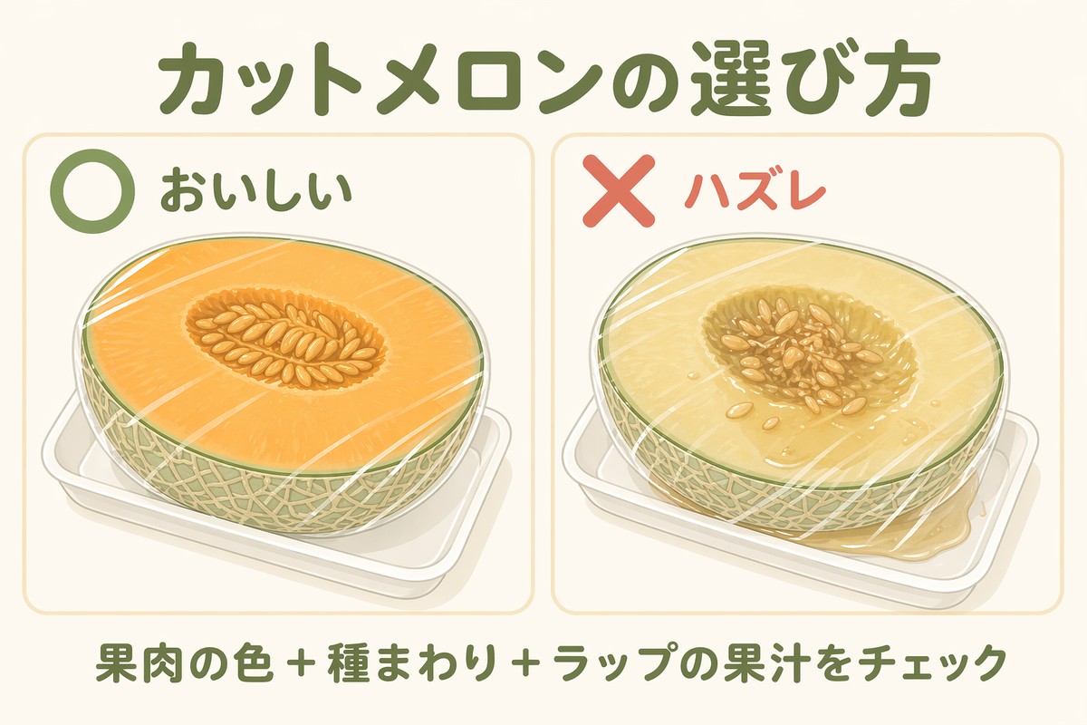 カットメロンの選び方 ○果肉色均一・種まわりしっかり ×くすみ・種まわり崩れ・果汁多い