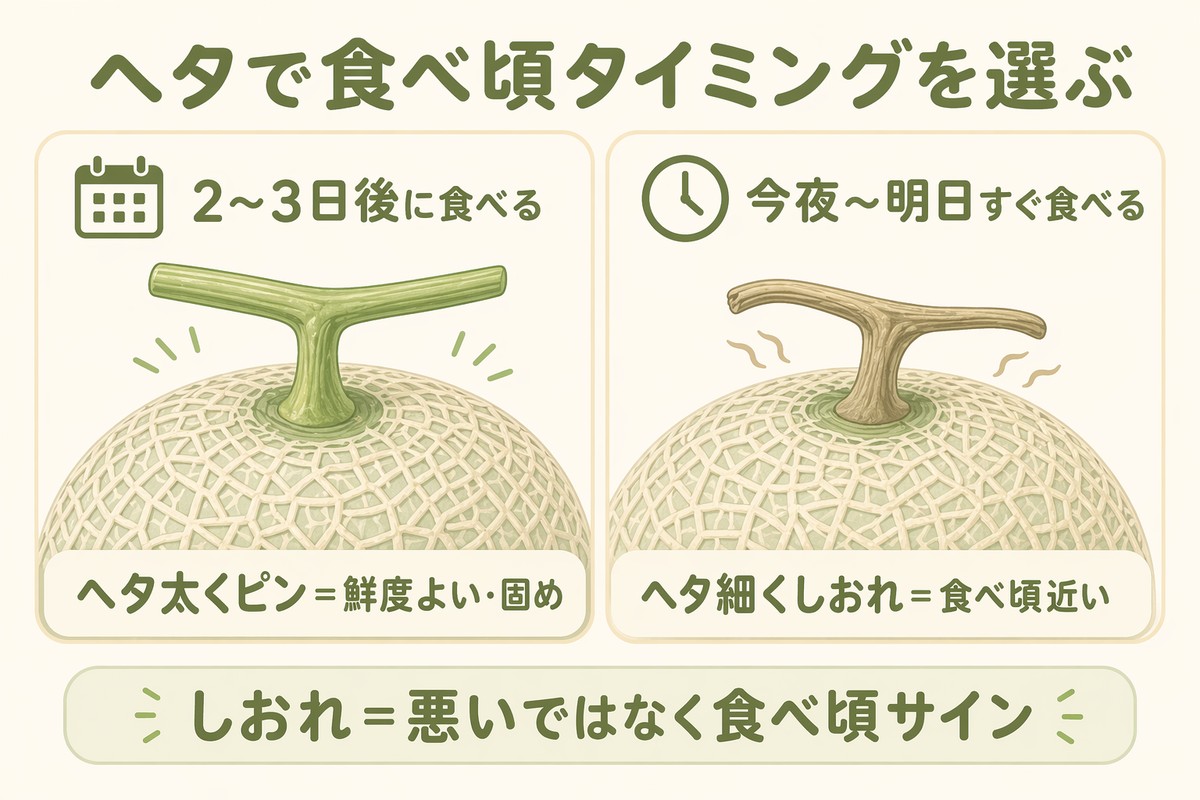 ヘタで食べ頃タイミングを選ぶ 太くピン=数日後・細くしおれ=すぐ食べる