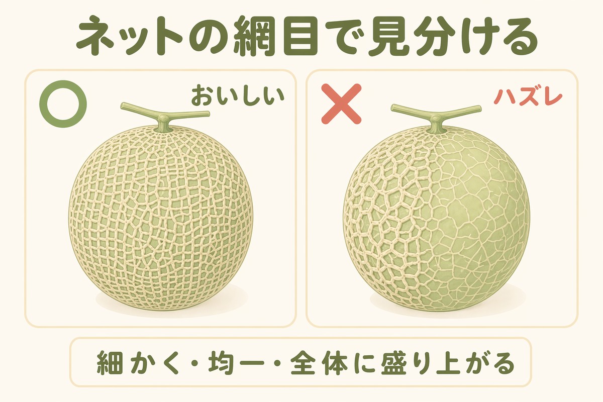 ネットの網目で見分ける ○細かく均一 ×まばら・左右差