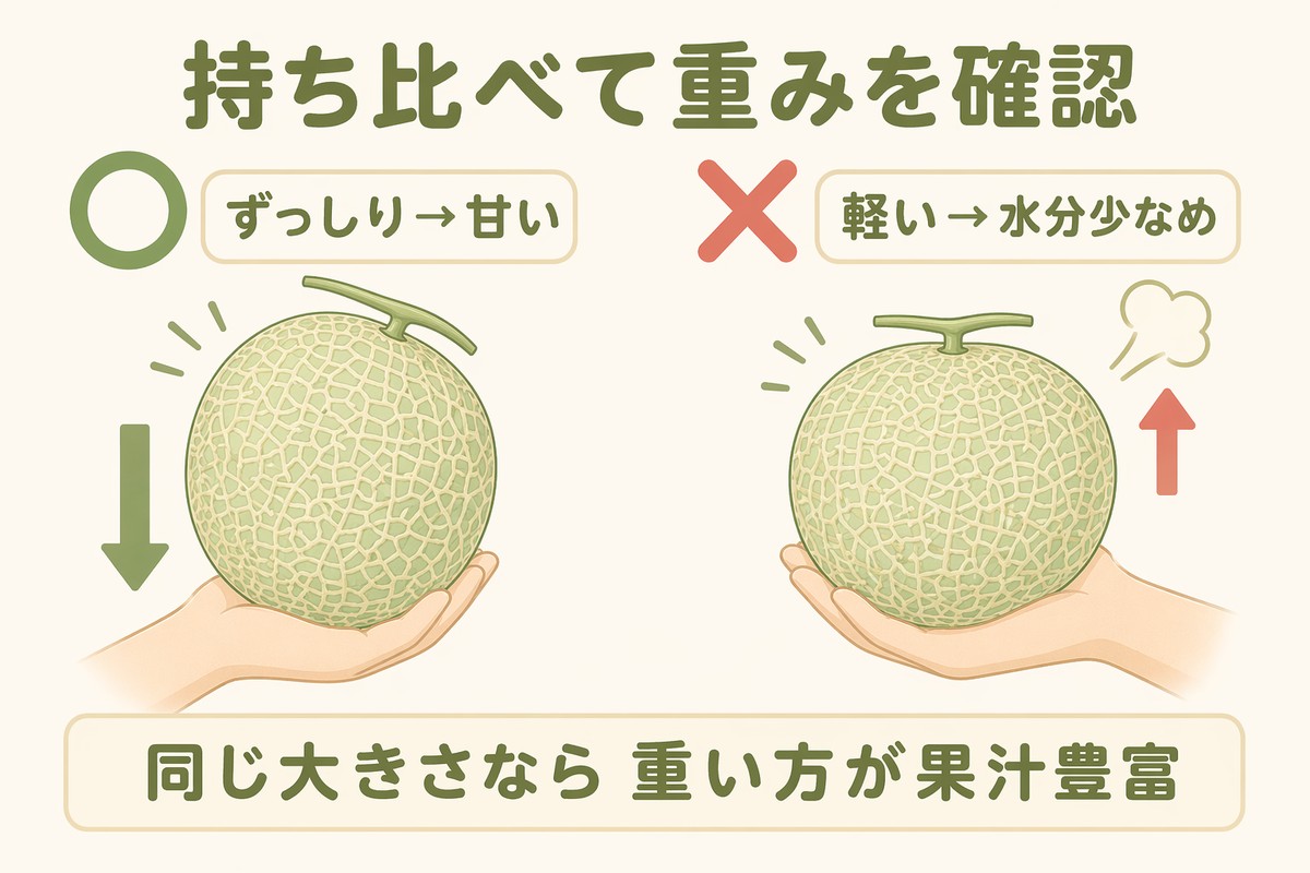 持ち比べて重みを確認 ○ずっしり甘い ×軽い水分少なめ