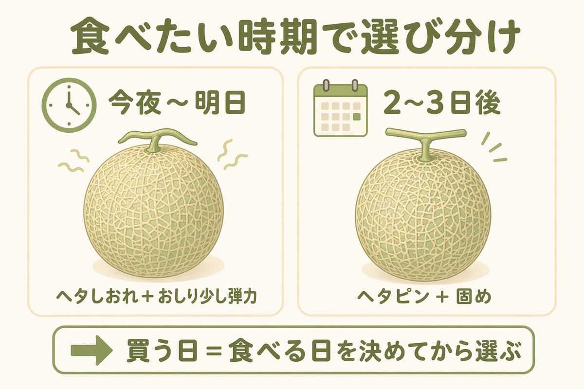 食べたい時期で選び分け 今夜〜明日：ヘタしおれ＋おしり弾力／2〜3日後：ヘタピン＋固め