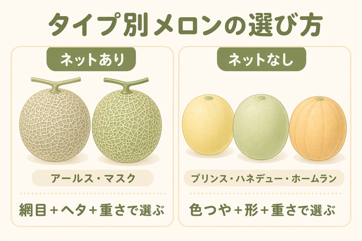 タイプ別メロンの選び方 ネットあり：アールス・マスク／ネットなし：プリンス・ハネデュー・ホームラン