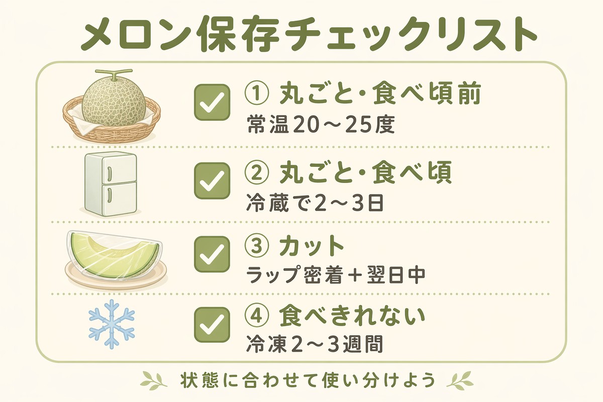 メロン保存チェックリスト ①丸ごと食べ頃前 常温20〜25度 ②丸ごと食べ頃 冷蔵で2〜3日 ③カット ラップ密着＋翌日中 ④食べきれない 冷凍2〜3週間