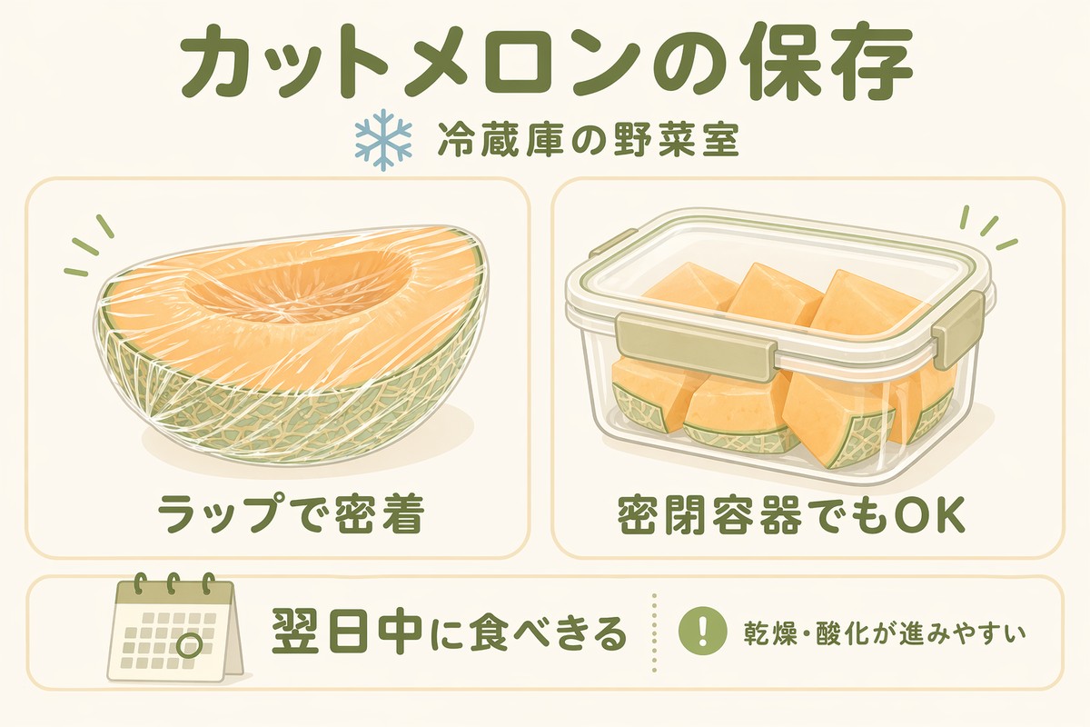 カットメロンの保存 ラップで密着 密閉容器でもOK 冷蔵庫の野菜室で翌日中に食べきる