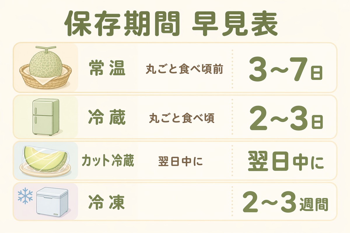 保存期間早見表 常温（丸ごと食べ頃前）3〜7日／冷蔵（丸ごと食べ頃）2〜3日／カット冷蔵 翌日中に／冷凍 2〜3週間