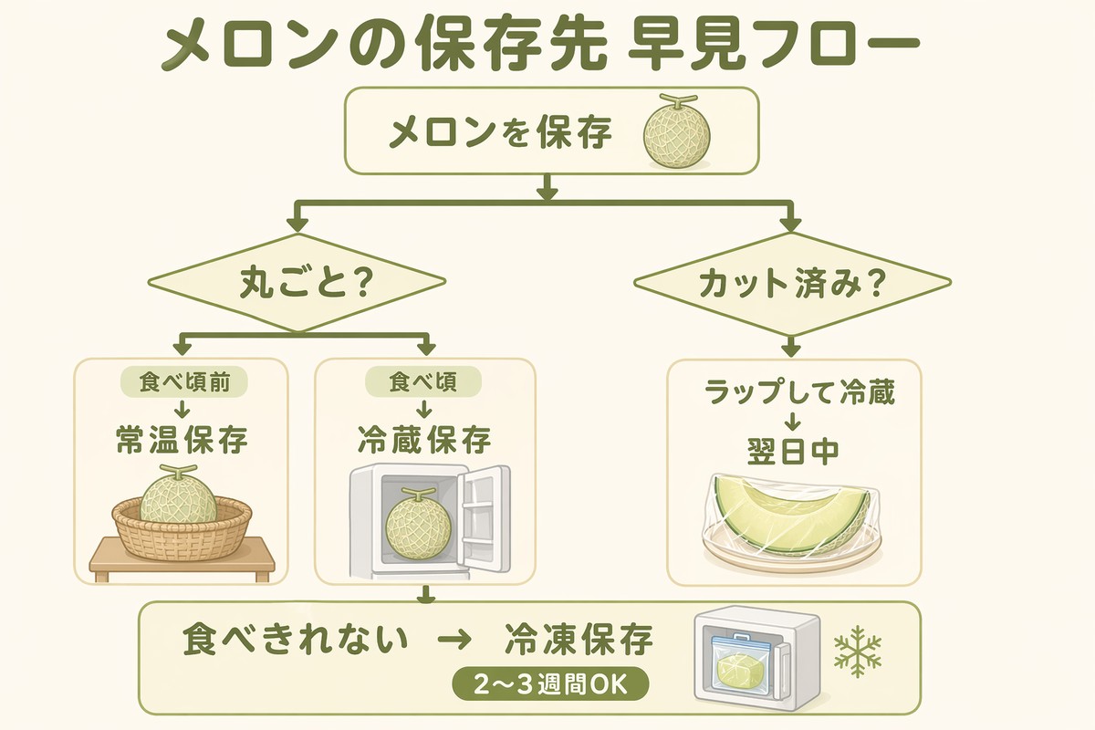 メロンの保存先早見フロー 丸ごと食べ頃前→常温／丸ごと食べ頃→冷蔵／カット→ラップ冷蔵翌日中／食べきれない→冷凍2〜3週間