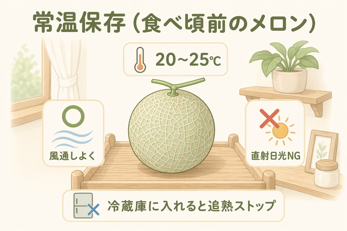 常温保存 食べ頃前のメロン 20〜25度・直射日光NG・風通しよく