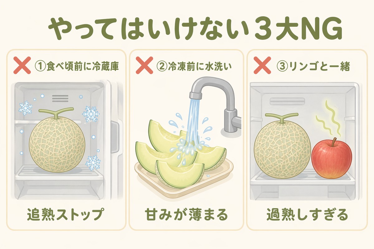 やってはいけない3大NG ①食べ頃前に冷蔵庫→追熟ストップ ②冷凍前に水洗い→甘みが薄まる ③リンゴと一緒→過熟しすぎる