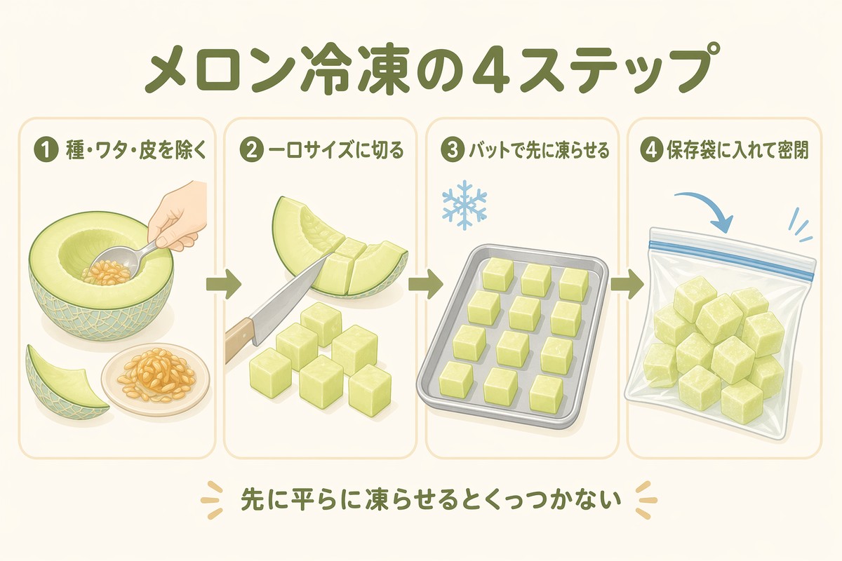 メロン冷凍の4ステップ ①種ワタ皮を除く ②一口サイズに切る ③バットで先に凍らせる ④保存袋に入れて密閉