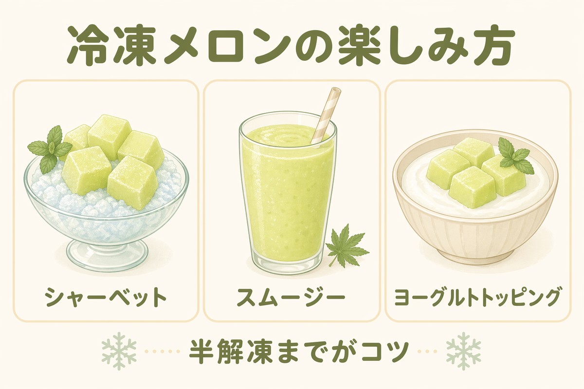 冷凍メロンの楽しみ方 シャーベット スムージー ヨーグルトトッピング 半解凍までがコツ