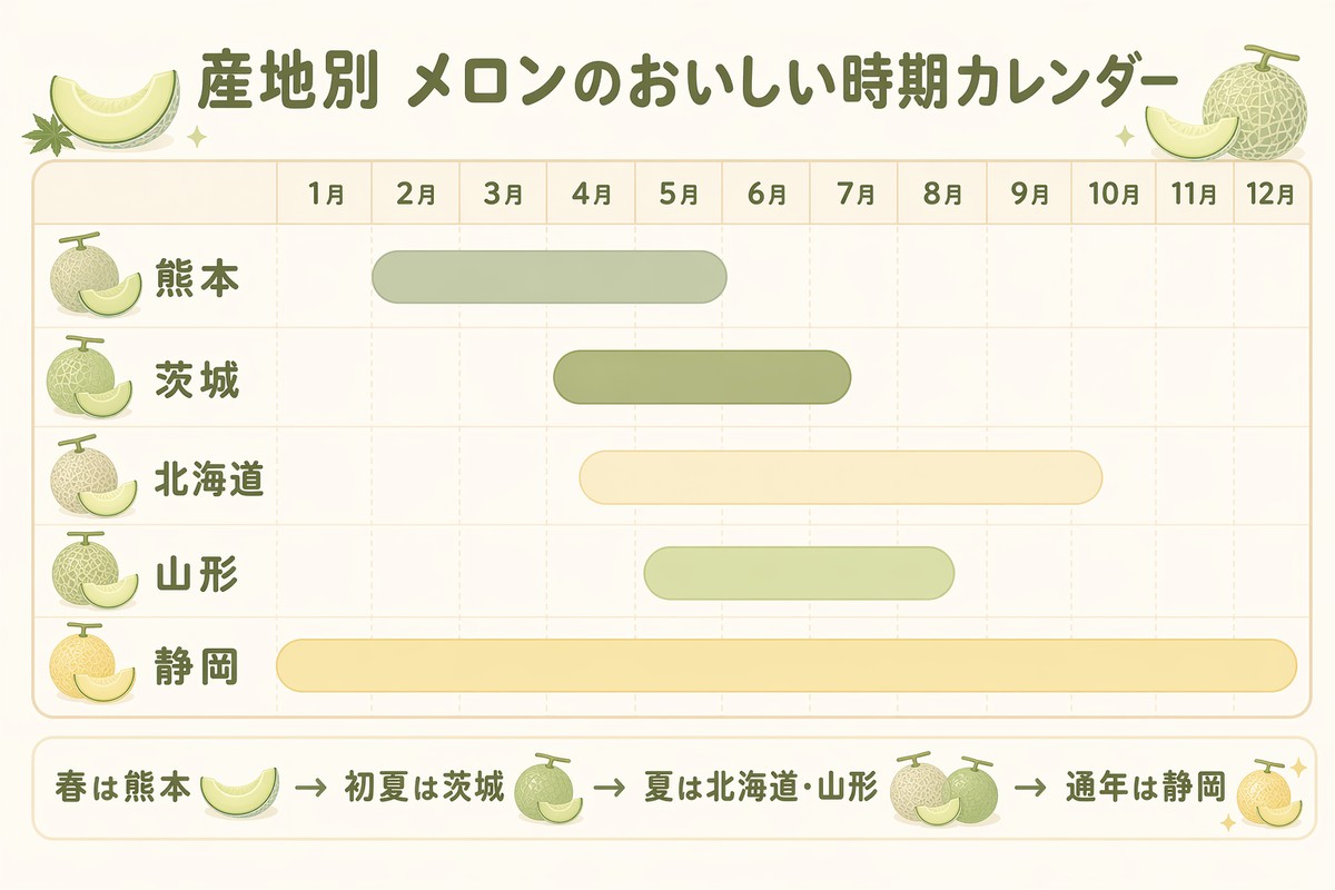 産地別メロンのおいしい時期カレンダー 熊本3〜6月／茨城5〜7月／北海道5月下旬〜10月／山形6〜8月／静岡通年