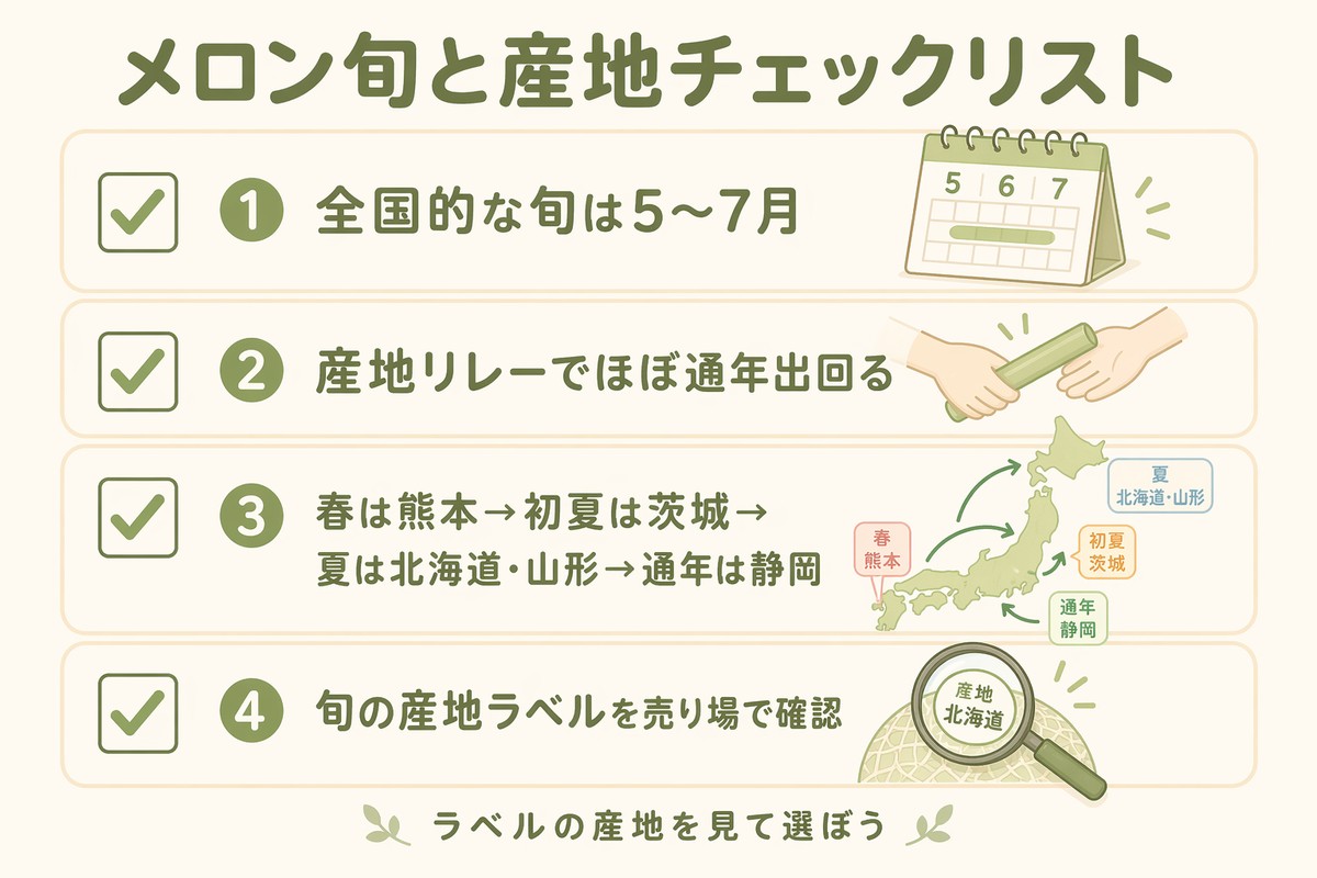 メロン旬と産地チェックリスト ①全国的な旬は5〜7月 ②産地リレーでほぼ通年出回る ③春は熊本→初夏は茨城→夏は北海道・山形→通年は静岡 ④旬の産地ラベルを売り場で確認