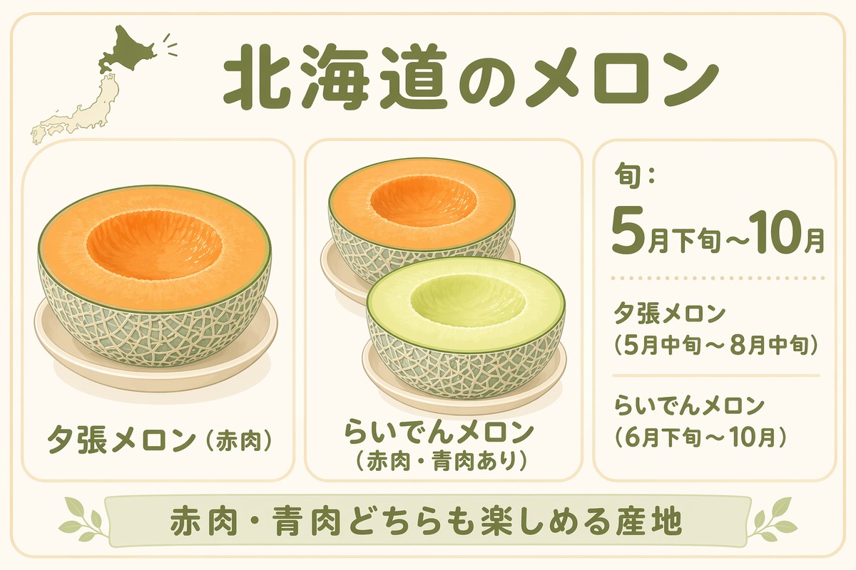 北海道のメロン 旬5月下旬〜10月 夕張メロン（5月中旬〜8月中旬）／らいでんメロン（6月下旬〜10月） 赤肉の高級メロン産地