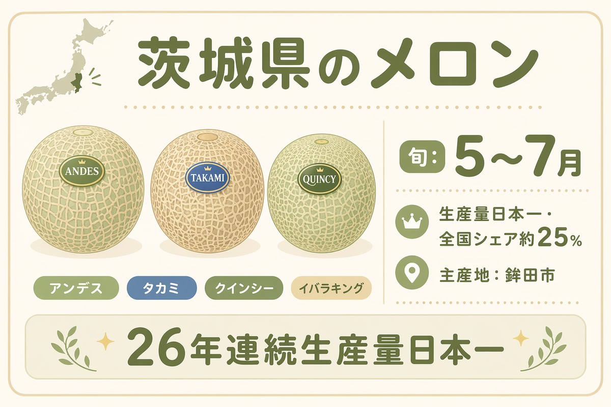 茨城県のメロン 旬5〜7月 26年連続生産量日本一・全国シェア約25% 主産地：鉾田市 アンデス・タカミ・クインシー・イバラキング