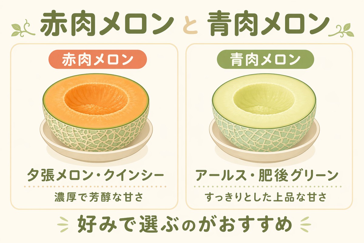 赤肉メロンと青肉メロン 赤肉：夕張メロン・クインシー 濃厚で芳醇な甘さ／青肉：アールス・肥後グリーン すっきりとした上品な甘さ