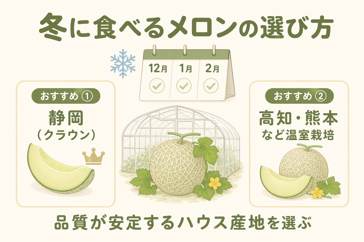 冬に食べるメロンの選び方 おすすめ①静岡（クラウン） おすすめ②高知・熊本など温室栽培 品質が安定するハウス産地を選ぶ