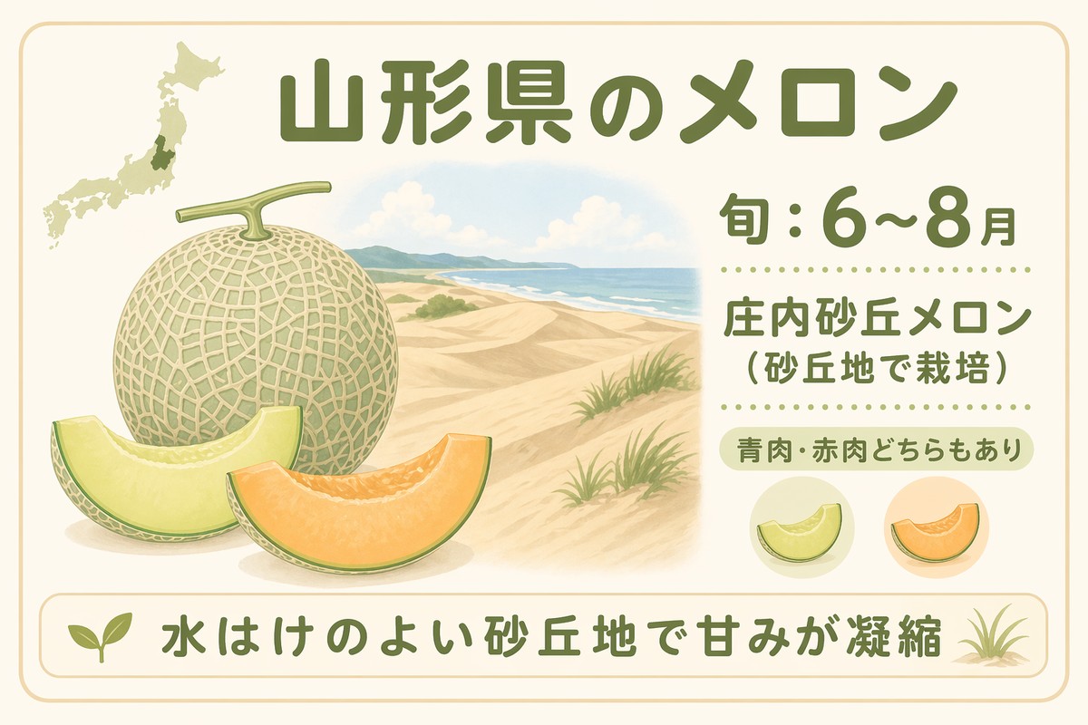 山形県のメロン 旬6〜8月 庄内砂丘メロン（砂丘地で栽培） 青肉・赤肉どちらもあり 水はけのよい砂丘地で甘みが凝縮