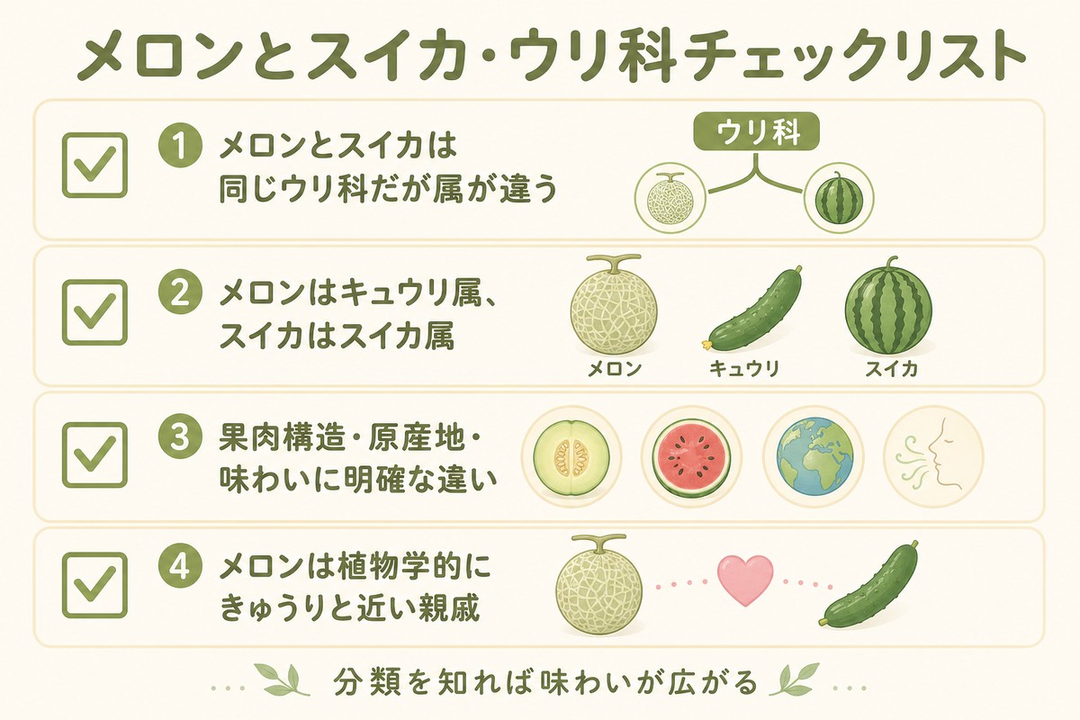 メロンとスイカ・ウリ科チェックリスト ①メロンとスイカは同じウリ科だが属が違う ②メロンはキュウリ属、スイカはスイカ属 ③果肉構造・原産地・味わいに明確な違い ④メロンは植物学的にきゅうりと近い親戚