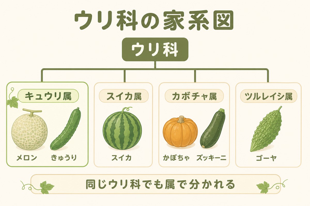 ウリ科の家系図 キュウリ属（メロン・きゅうり）／スイカ属（スイカ）／カボチャ属（かぼちゃ・ズッキーニ）／ツルレイシ属（ゴーヤ）