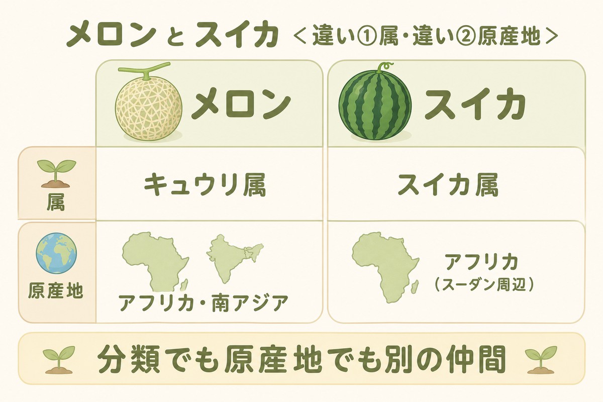 メロンとスイカ 違い①属・違い②原産地 メロン＝キュウリ属・アフリカ/南アジア／スイカ＝スイカ属・アフリカ（スーダン周辺）