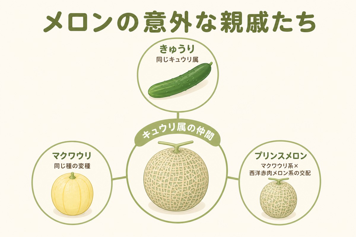 メロンの意外な親戚たち キュウリ属の仲間：きゅうり（同じキュウリ属）／マクワウリ（同じ種の変種）／プリンスメロン（マクワウリ系×西洋赤肉メロン系の交配）