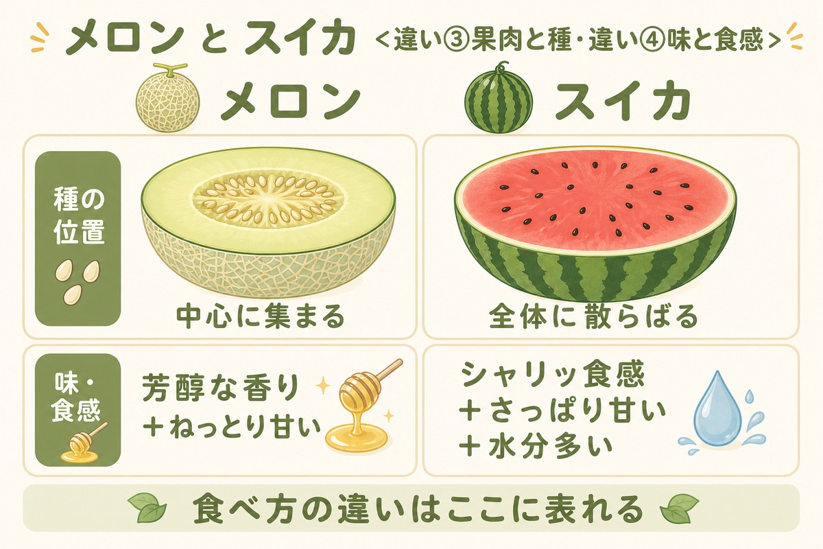 メロンとスイカ 違い③果肉と種・違い④味と食感 メロン＝種は中心・芳醇で濃厚／スイカ＝種が全体に散らばる・シャリッさっぱり水分多い