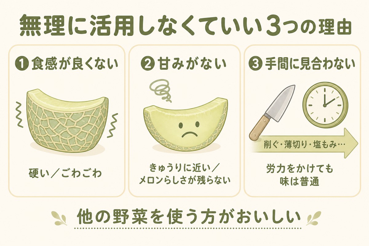 無理に活用しなくていい3つの理由 ①食感が良くない（硬い／ごわごわ） ②甘みがない（きゅうりに近い／メロンらしさが残らない） ③手間に見合わない（削ぐ・薄切り・塩もみ…労力をかけても味は普通）