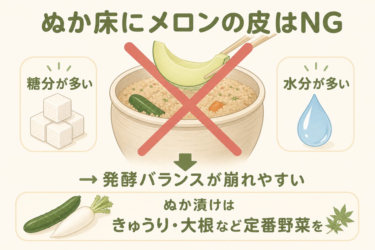 ぬか床にメロンの皮はNG 糖分が多い・水分が多い→発酵バランスが崩れやすい ぬか漬けはきゅうり・大根など定番野菜を