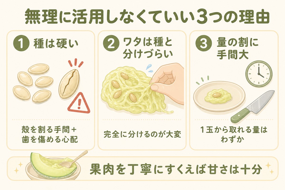 無理に活用しなくていい3つの理由 ①種は硬い（殻を割る手間＋歯を傷める心配）②ワタは種と分けづらい（完全に分けるのが大変）③量の割に手間大（1玉から取れる量はわずか） 果肉を丁寧にすくえば甘さは十分