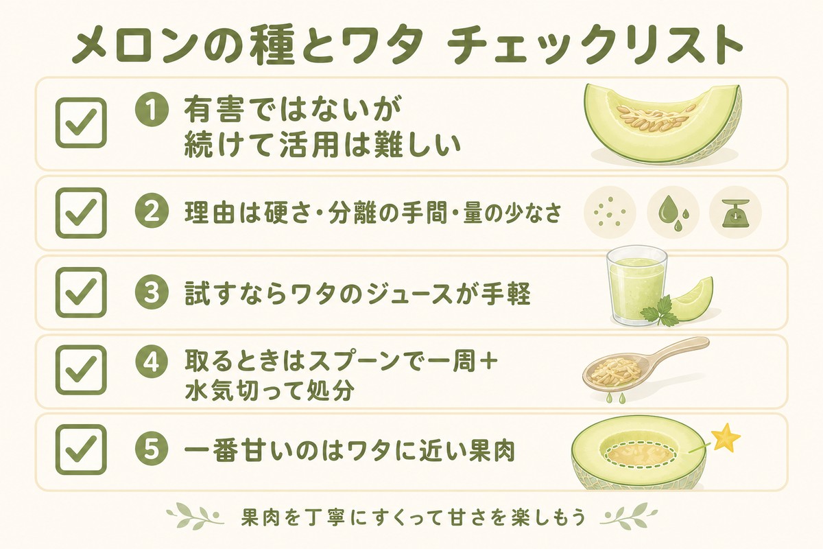 メロンの種とワタ チェックリスト ①有害ではないが続けて活用は難しい ②理由は硬さ・分離の手間・量の少なさ ③試すならワタのジュースが手軽 ④取るときはスプーンで一周＋水気切って処分 ⑤一番甘いのはワタに近い果肉 果肉を丁寧にすくって甘さを楽しもう