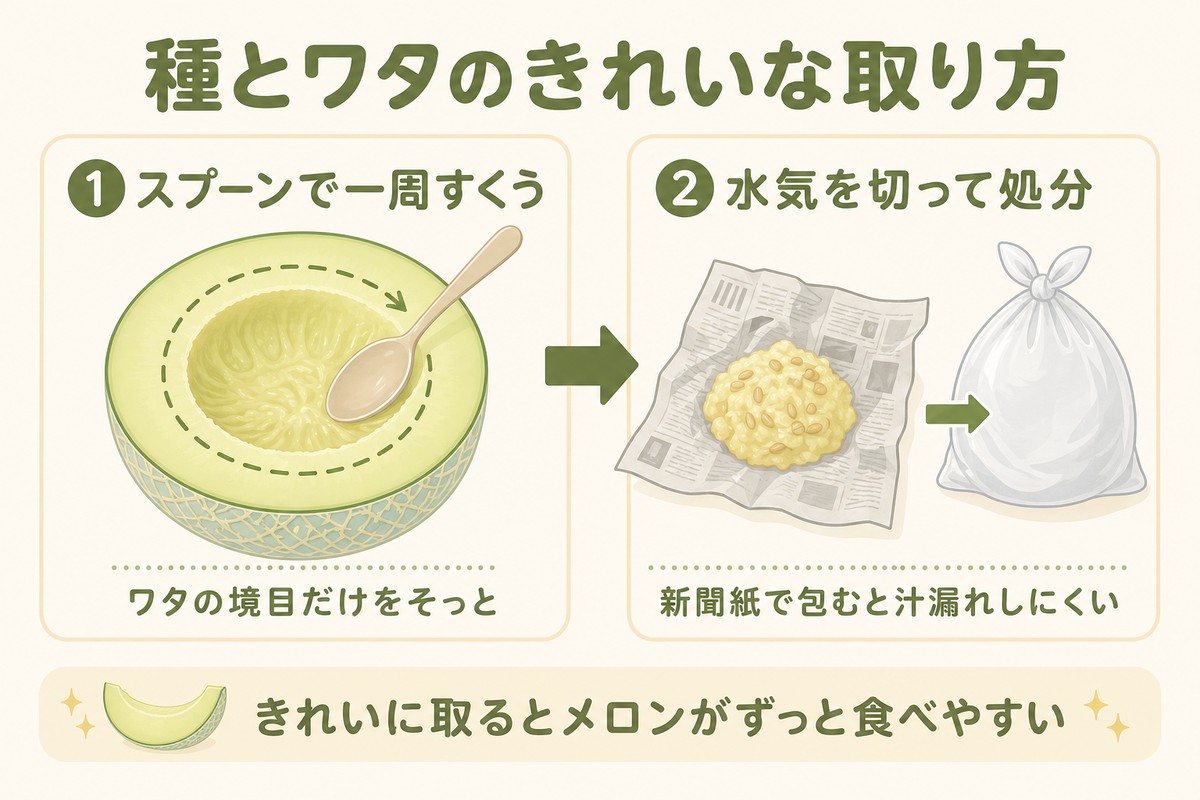 種とワタのきれいな取り方 ①スプーンで一周すくう（ワタの境目だけをそっと）②水気を切って処分（新聞紙で包むと汁漏れしにくい） きれいに取るとメロンがずっと食べやすい