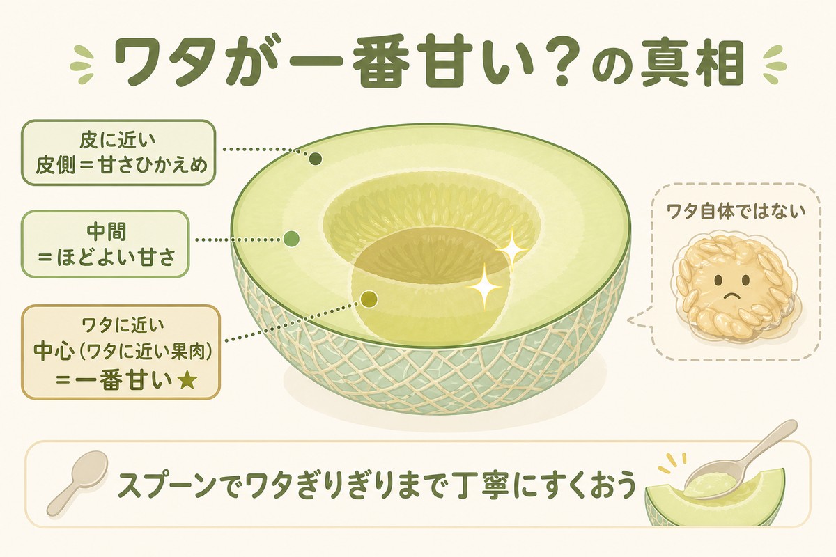 ワタが一番甘い？の真相 皮側＝甘さひかえめ／中間＝ほどよい甘さ／ワタに近い中心の果肉＝一番甘い★ ワタ自体ではない スプーンでワタぎりぎりまで丁寧にすくおう