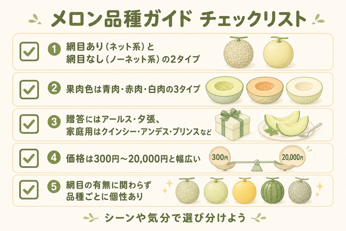 メロン品種ガイドチェックリスト ①網目あり（ネット系）と網目なし（ノーネット系）の2タイプ ②果肉色は青肉・赤肉・白肉の3タイプ ③贈答にはアールス・夕張、家庭用はクインシー・アンデス・プリンスなど ④価格は300円〜20,000円と幅広い ⑤網目の有無に関わらず品種ごとに個性あり
