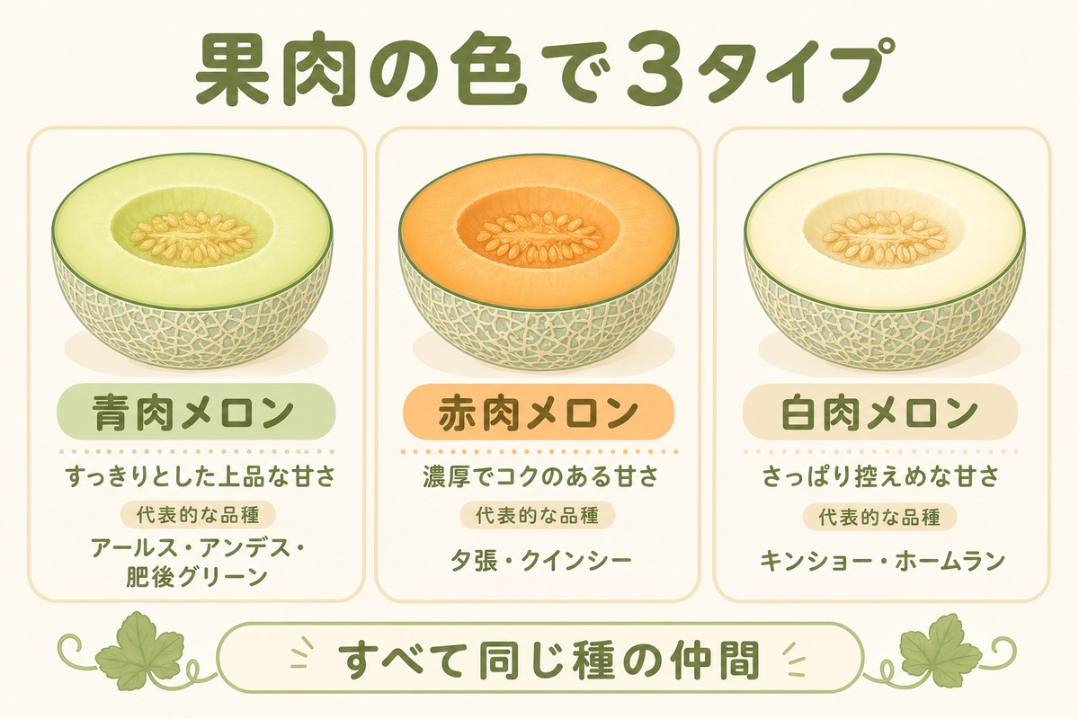 果肉の色で3タイプ 青肉（すっきり上品な甘さ：アールス・アンデス・肥後グリーン）／赤肉（濃厚でコクのある甘さ：夕張・クインシー）／白肉（さっぱり控えめな甘さ：キンショー・ホームラン） すべて同じ種の仲間