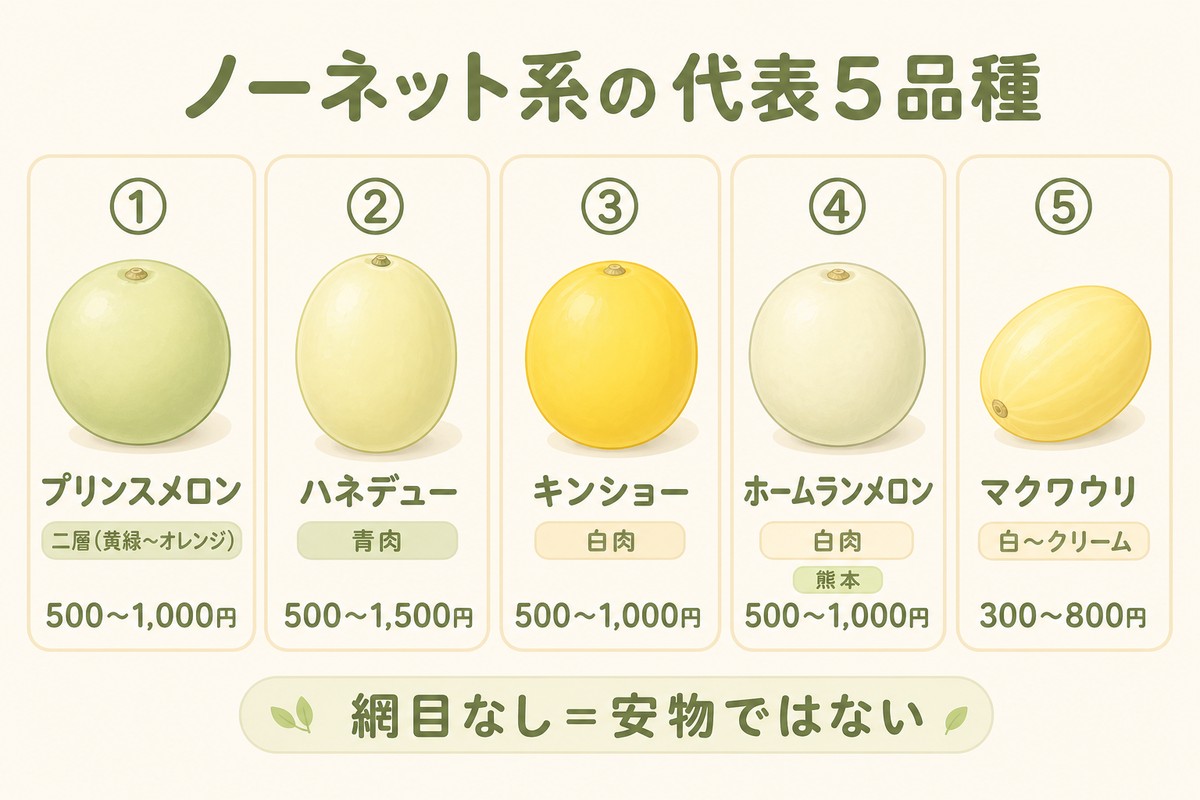 ノーネット系の代表5品種 ①プリンスメロン（二層黄緑〜オレンジ・500〜1,000円）②ハネデュー（青肉・500〜1,500円）③キンショー（白肉・500〜1,000円）④ホームランメロン（白肉・500〜1,000円・熊本）⑤マクワウリ（白〜クリーム・300〜800円） 網目なし＝安物ではない